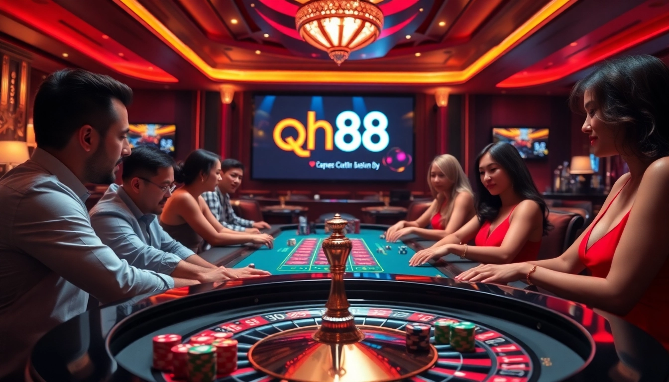 Players enjoying qh88 at a luxurious casino with roulette and poker chips.