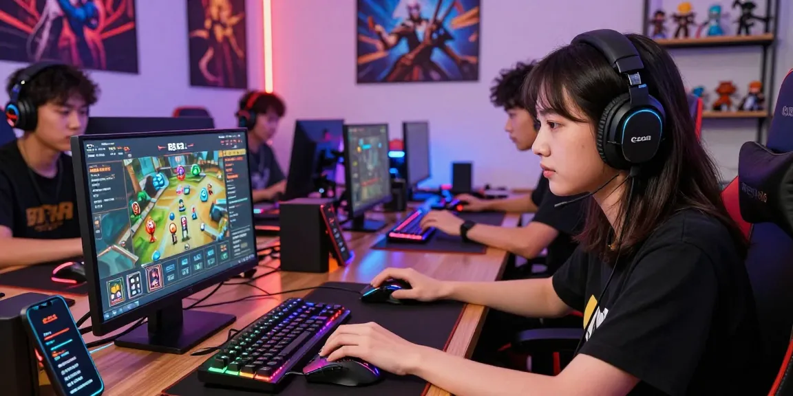 Nữ game thủ chơi B52 với không gian sống động, tập trung vào màn hình máy tính.