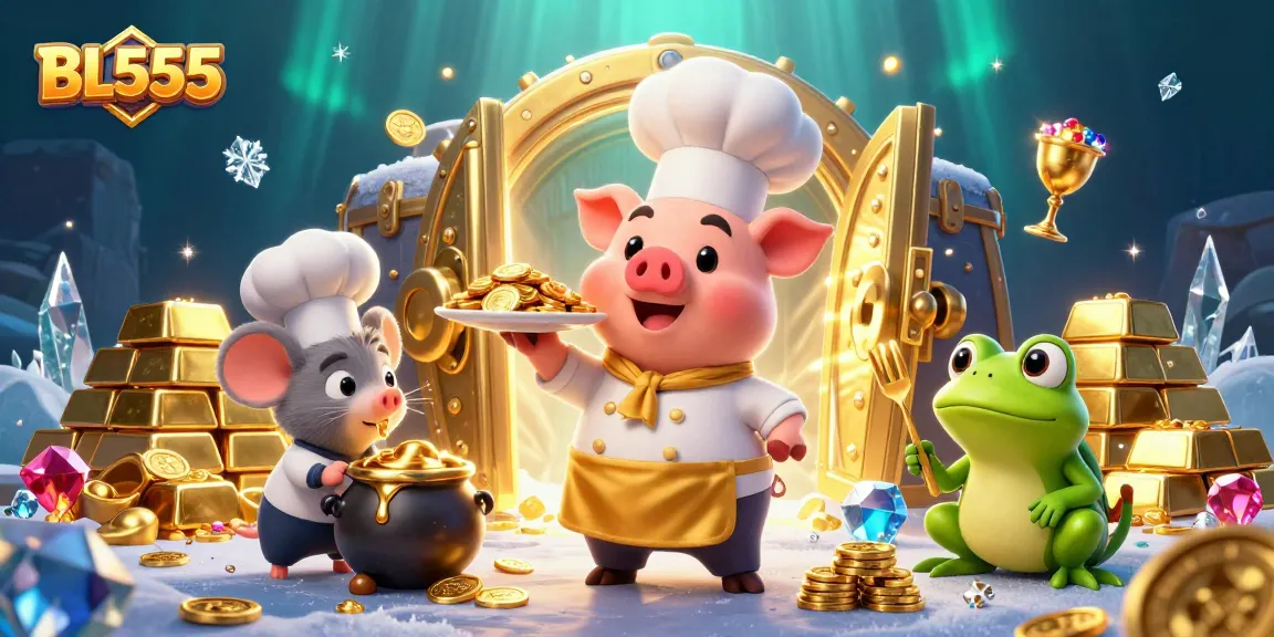 Win big at BL555 with a 3D illustration of enchanted casino chefs serving gold coins.