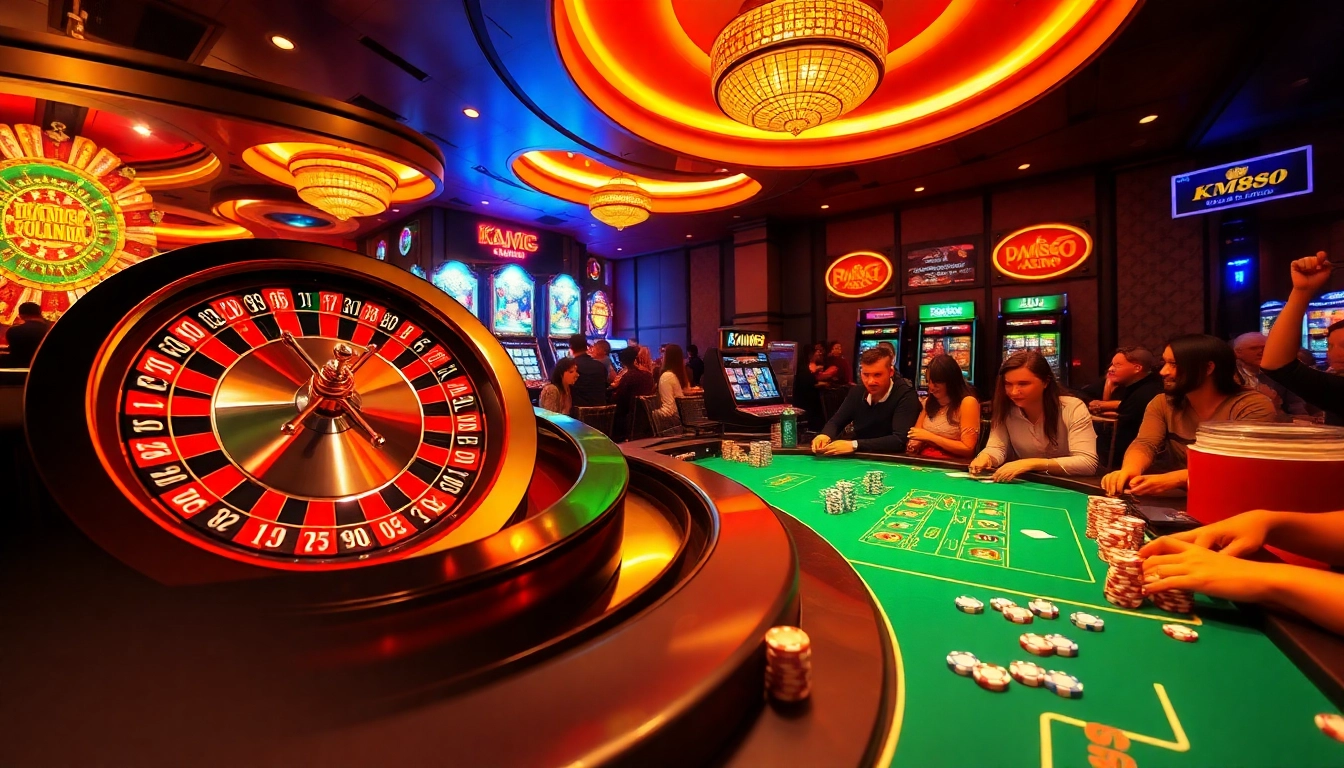 Exciting KM888 casino scene with roulette and poker tables showcasing vibrant gambling action.