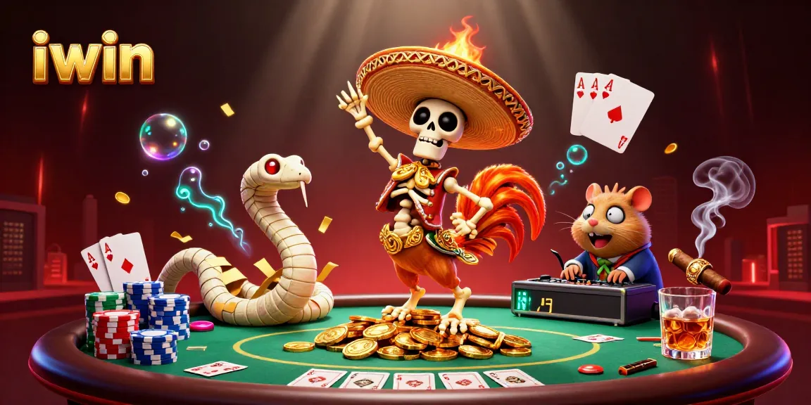 Experience thrilling wins with iwin as a mariachi rooster celebrates on a poker table.