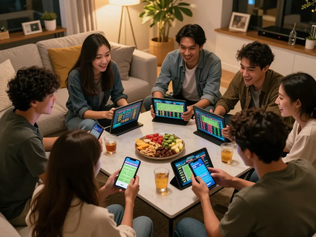 Friends using the OKFUN app for live sports betting at home, analyzing odds together.