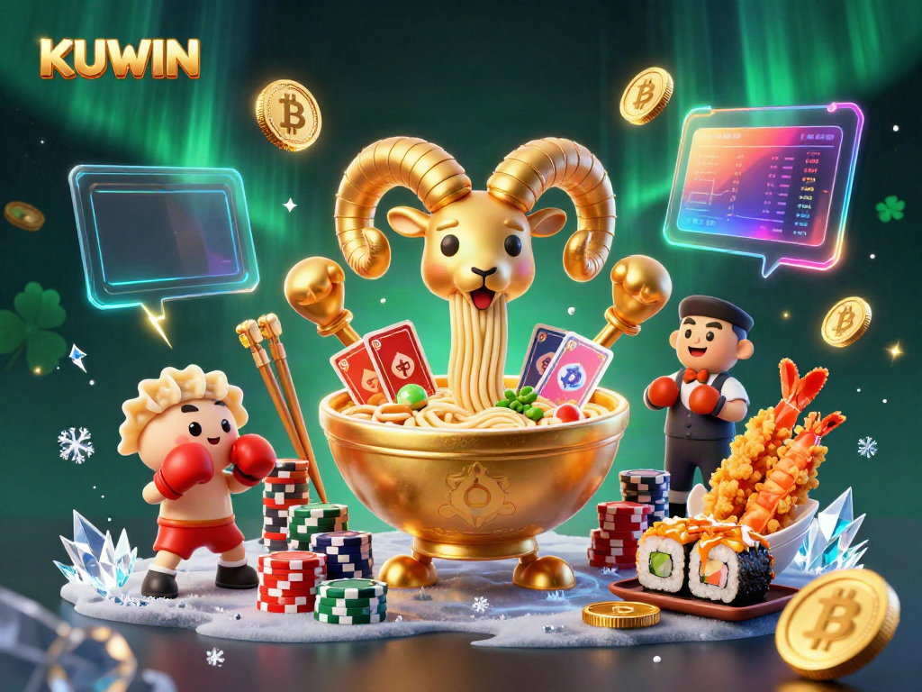 KUWIN showcases a vibrant 3D scene of a giant ramen bowl dealer surrounded by colorful crypto elements, card games, and unique characters.