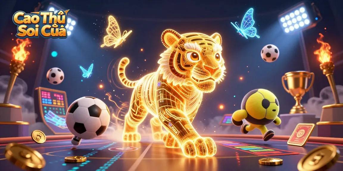 Cao Thủ Soi Cầu showcases a vibrant digital casino scene with a golden tiger and dynamic sports elements.