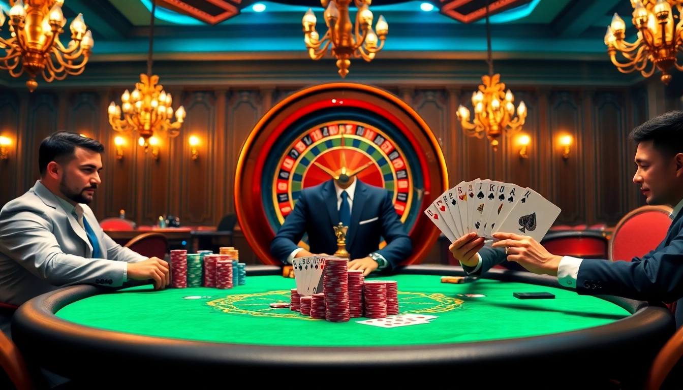 Engaged gamblers at a luxurious poker table featuring 99OK branding and vibrant casino elements.