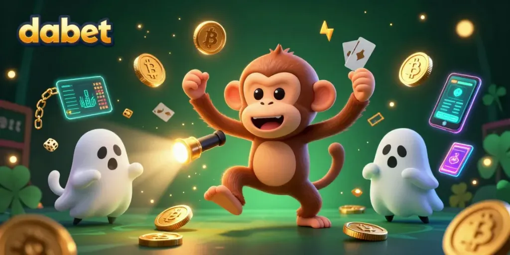 Engage with dabet's thrilling haunted casino scene featuring a mischievous monkey and ghost-hunter puppy.