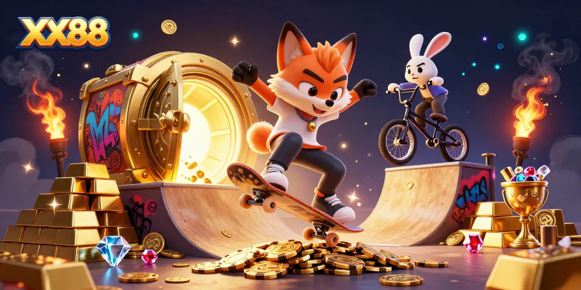 Engage in exciting gameplay with XX88 at a vibrant casino scene featuring animated characters and treasures.