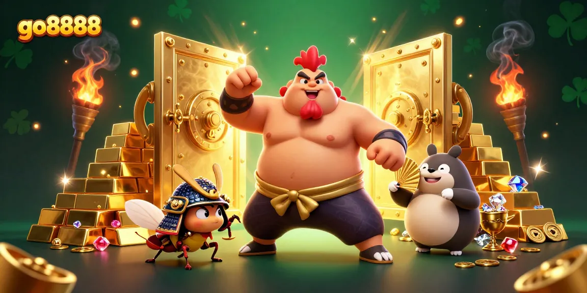 Experience excitement at go8888 with a 3D sumo wrestler rooster and fierce samurai cricket amidst gold treasures.