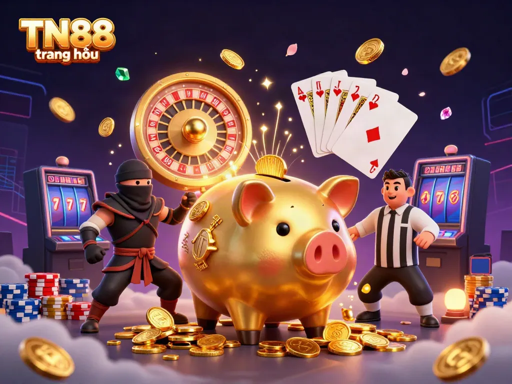 TN88 trang chủ features dynamic gaming action with vibrant characters and casino elements.