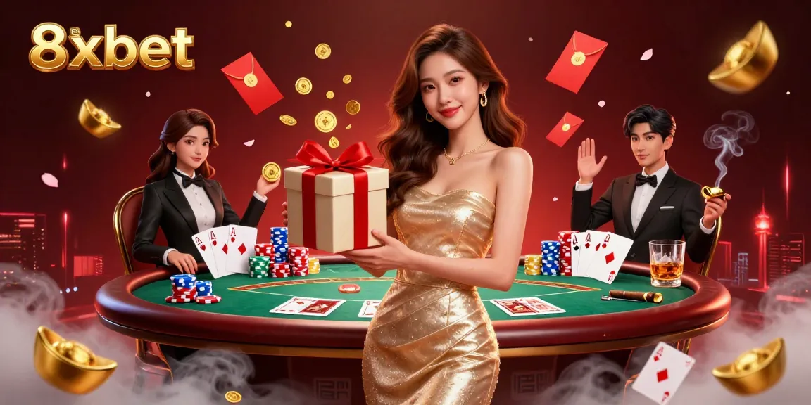 Experience thrilling gameplay with 8xbet as golden coins spill from the gift box in this vibrant casino scene.