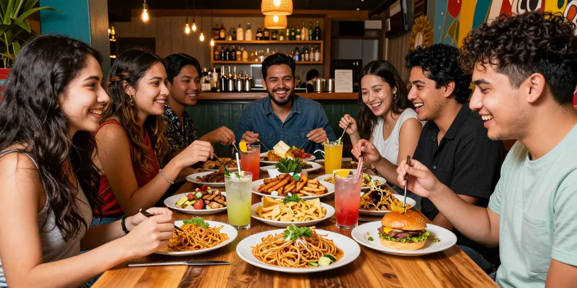 Friends enjoying Asian fusion dishes at Red88 restaurant, vibrant ambiance and craft cocktails.