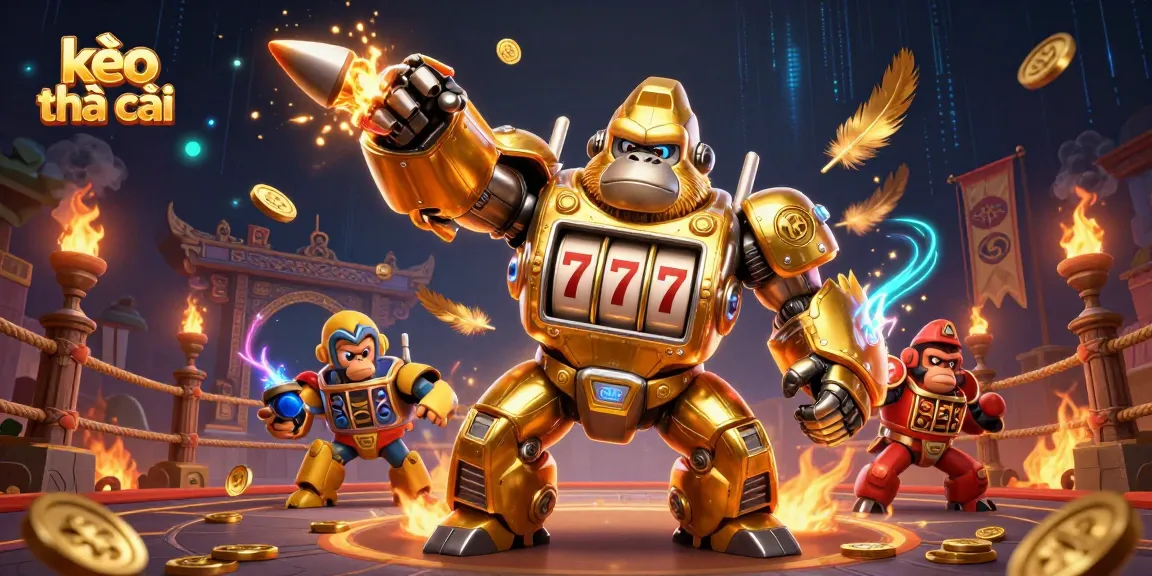 Engage with kèo nhà cái, showcasing a golden gorilla mech in a vibrant casino atmosphere.