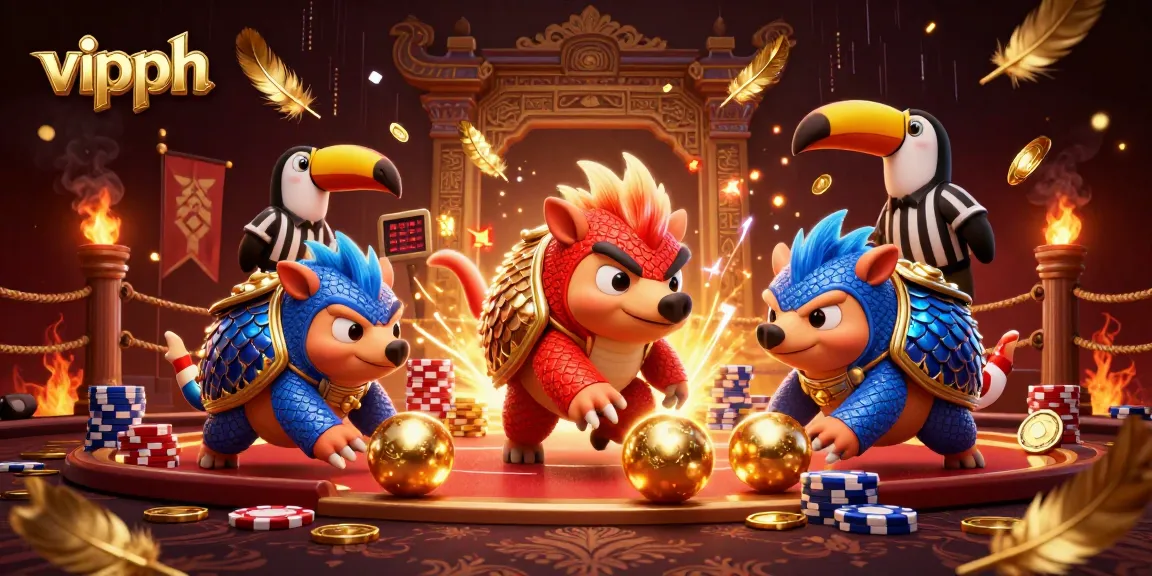 Experience thrilling action at VIPPH as rival pangolins bowl through poker chips in a vibrant casino arena.