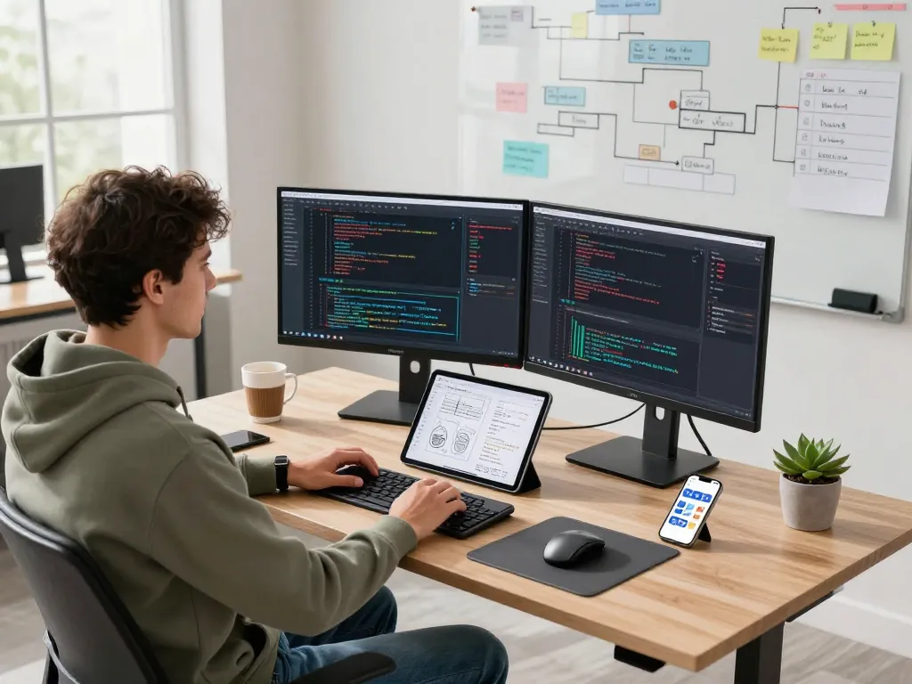 Engineer coding in a vibrant workspace with dual monitors and tech tools, showcasing the innovative spirit of hbet.