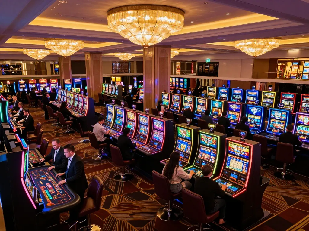 Players enjoying the vibrant atmosphere at 789club's modern casino floor, engaging with slot machines and table games.