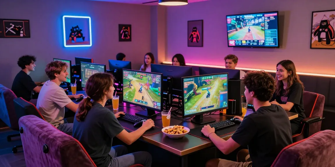 Group of friends engaged in competitive gaming at iwin, colorful gaming lounge with vibrant atmosphere.