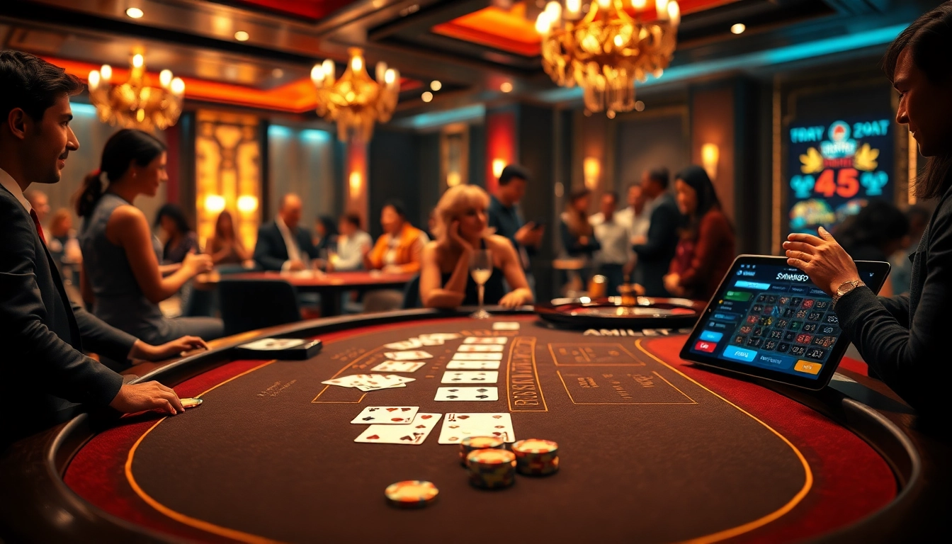 Experience the thrill of gaming at trang chủ mm88 with an exciting casino scene featuring blackjack tables and players.