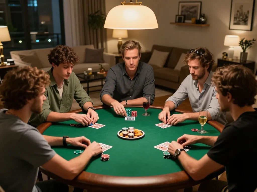 Players enjoying a competitive poker game at home, showcasing the excitement of lu88. com in action