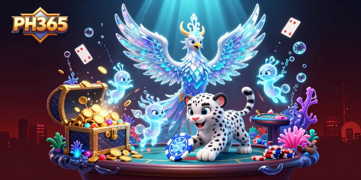 Experience thrilling poker action at PH365 with a vibrant ice phoenix and playful snow leopard.