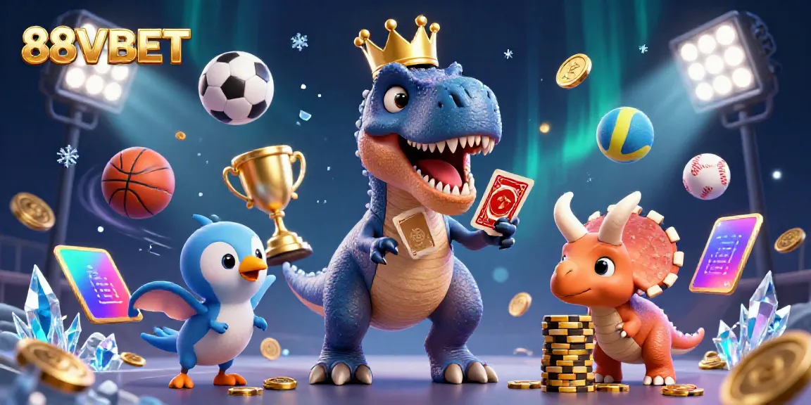 88VBET interactive scene featuring a cartoon dinosaur engaging in card games, sports elements surrounding