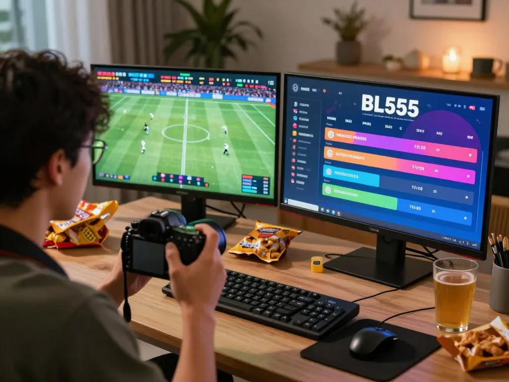 Experience sports betting excitement with BL555 on a dual-screen setup at home.
