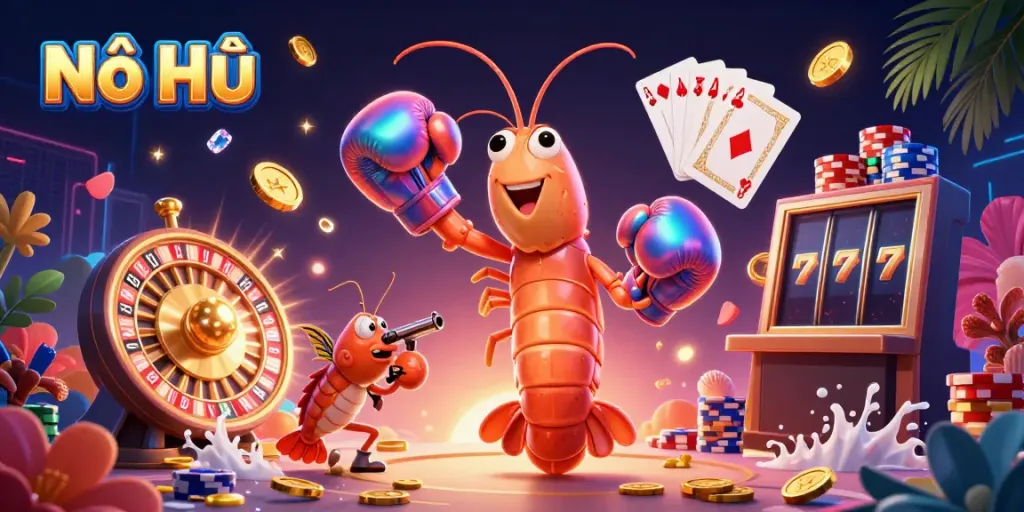 Nổ Hũ showcases an exciting scene with mantis shrimp and casino elements representing vibrant gambling fun.