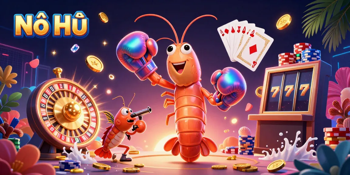 Nổ Hũ showcases an exciting scene with mantis shrimp and casino elements representing vibrant gambling fun.