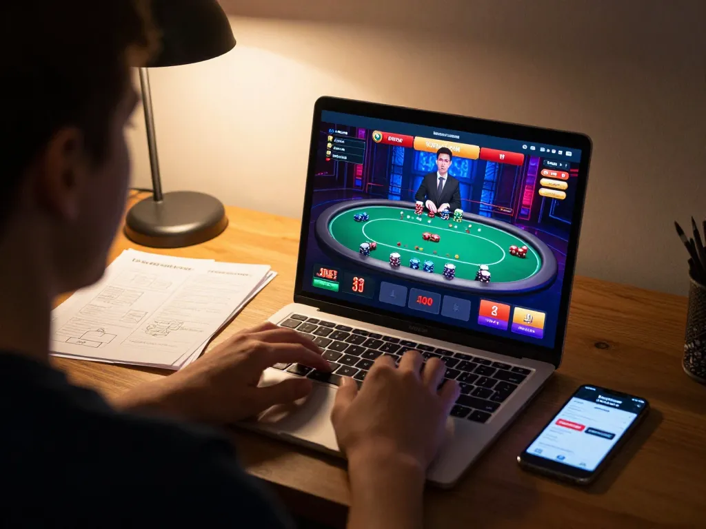 Player engaging with cm88sm's live poker game on a laptop, showcasing strategic gameplay.