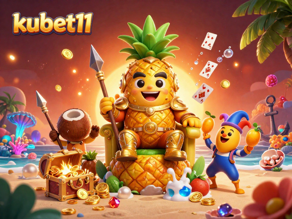 Engage with kubet11's vibrant casino scene featuring a pineapple king and animated treasures!
