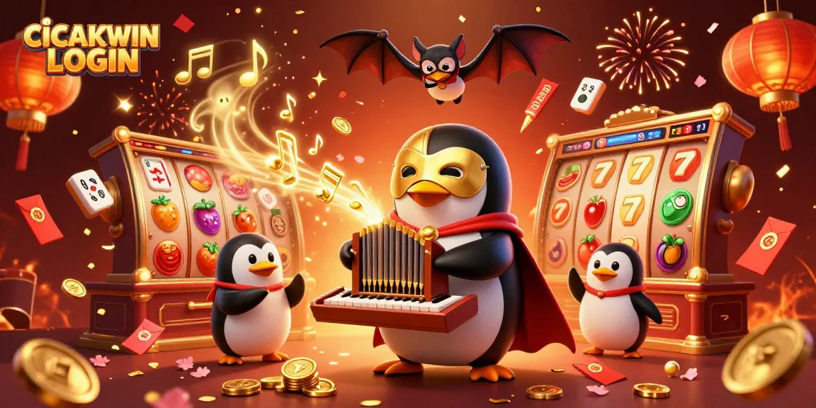 CICAKWIN LOGIN features vibrant illustrations of a phantom opera penguin, slot reels, and joyful casino elements, embodying the excitement of online gaming.