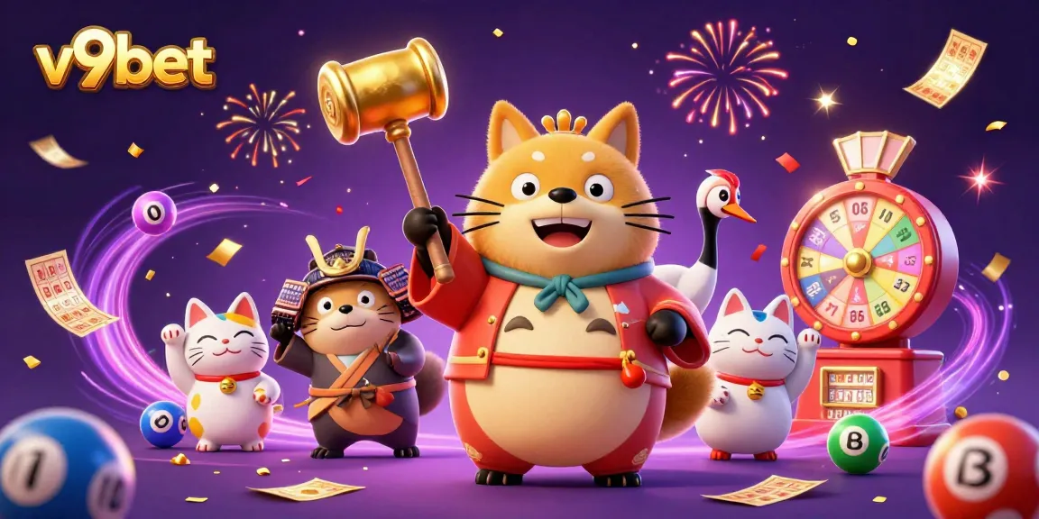 Experience thrilling wins at v9bet with vibrant lottery balls, festive characters, and dynamic casino elements.