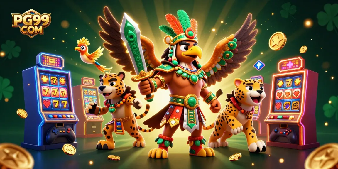 Spin to win at PG99 COM with a vibrant gaming scene featuring Aztec warriors and slot machines.