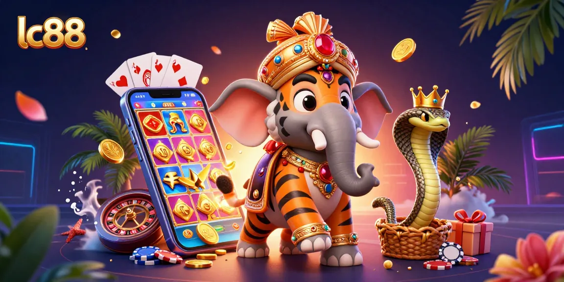 Spin vibrant lc88 slot reels with an elephant and maharaja in dazzling casino scene.