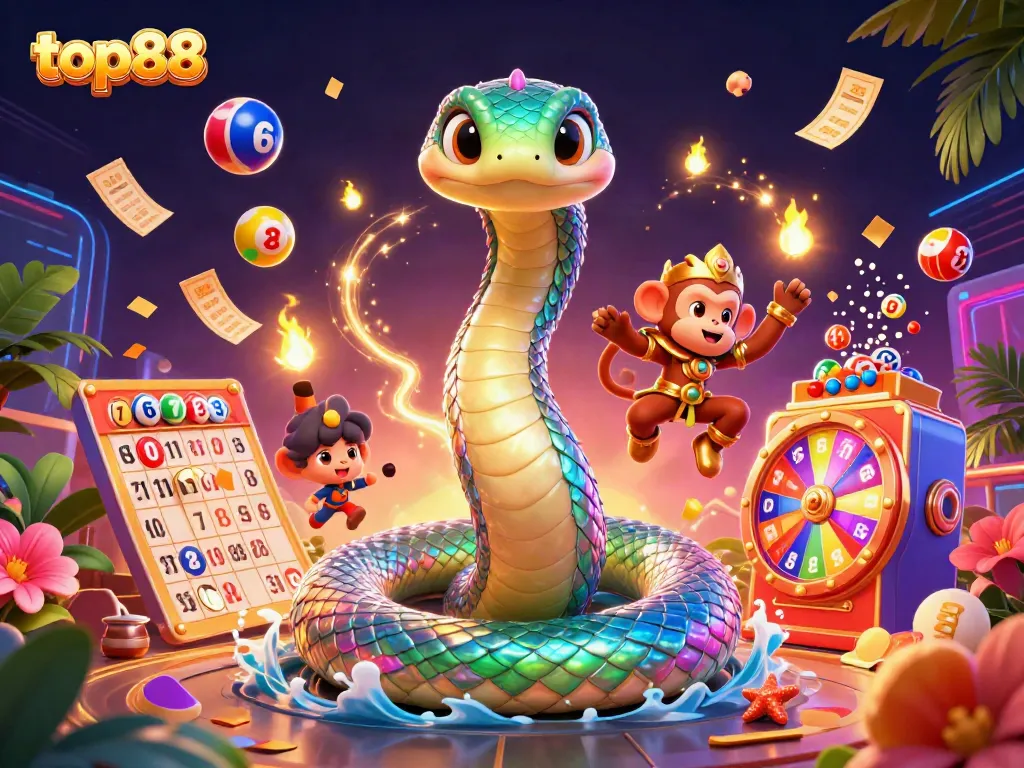 Engage in thrilling games at top88 with a colorful and energetic casino scene full of lottery elements.