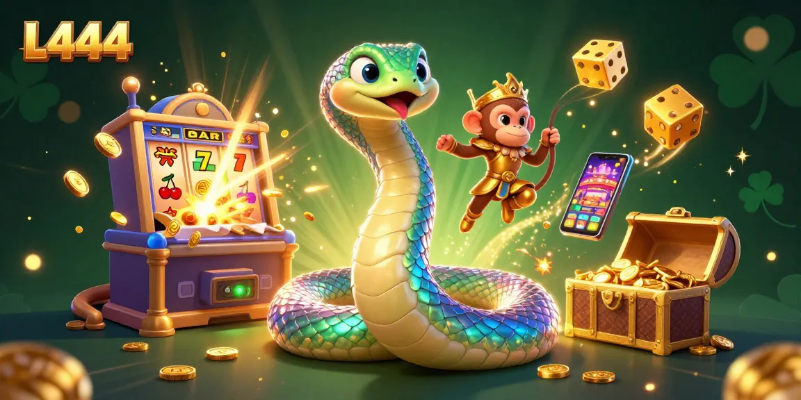 L444 engages players with immersive 3D rainbow serpent and slot machine action in vibrant digital art.