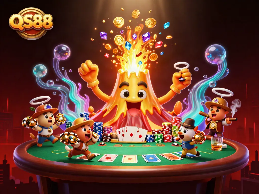 Experience thrilling wins with QS88's vibrant casino illustration showcasing games and treasures.