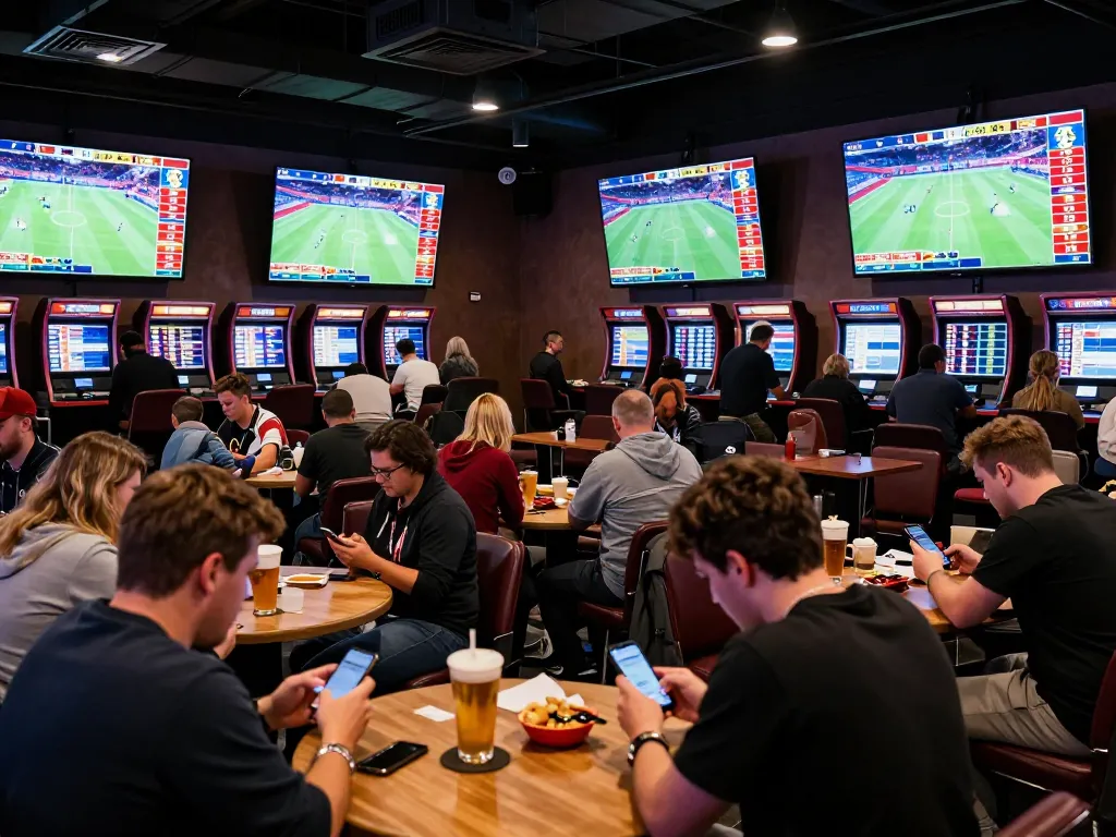 Excited fans engaging in tin soi kèo at an upscale sports betting venue with live match displays
