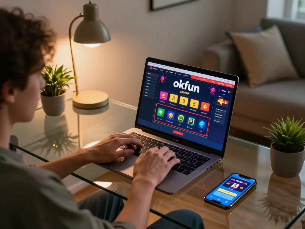 Engaging player using okfun casino app on laptop with colorful game interface displayed