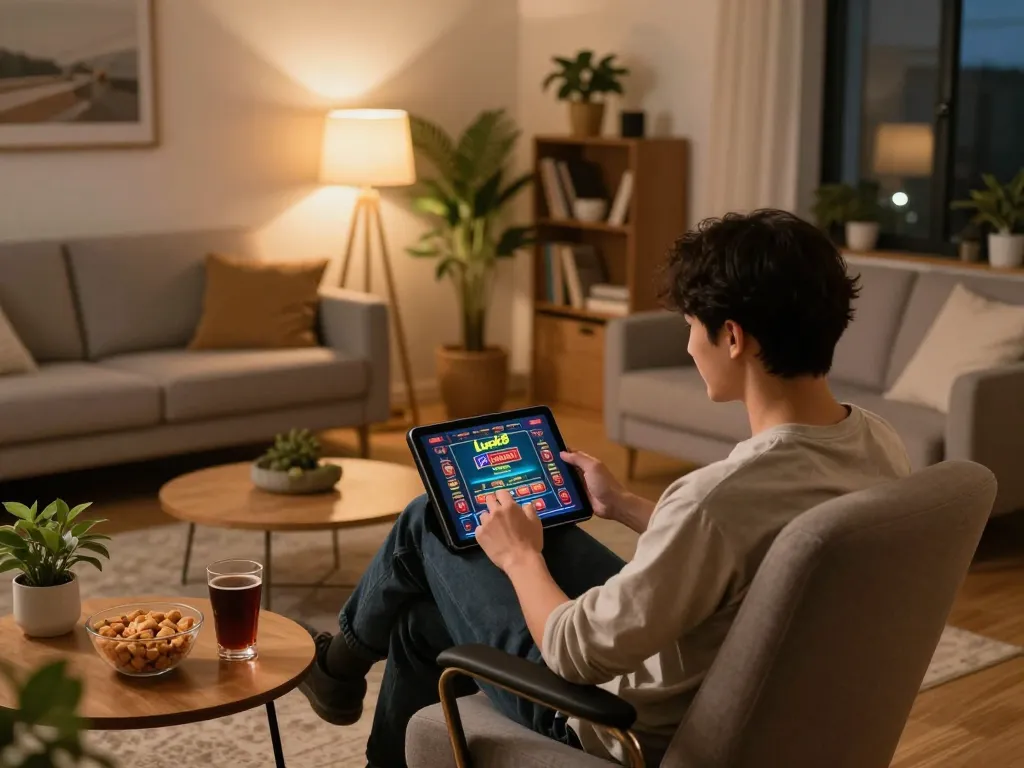 Excited player enjoying luck8 casino gaming on a cozy tablet setup at home