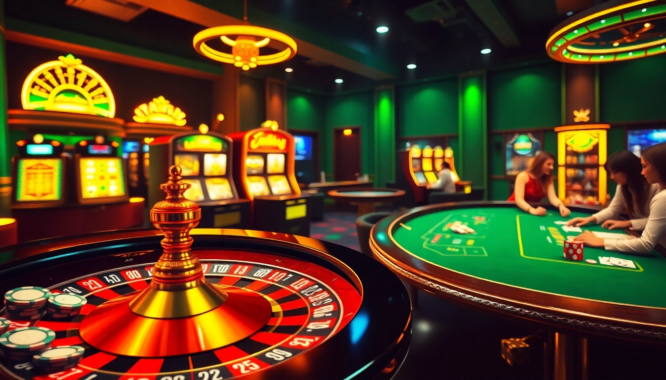 Experience the excitement of cm88 com with a luxurious casino scene featuring roulette, poker, and flashing slot machines.