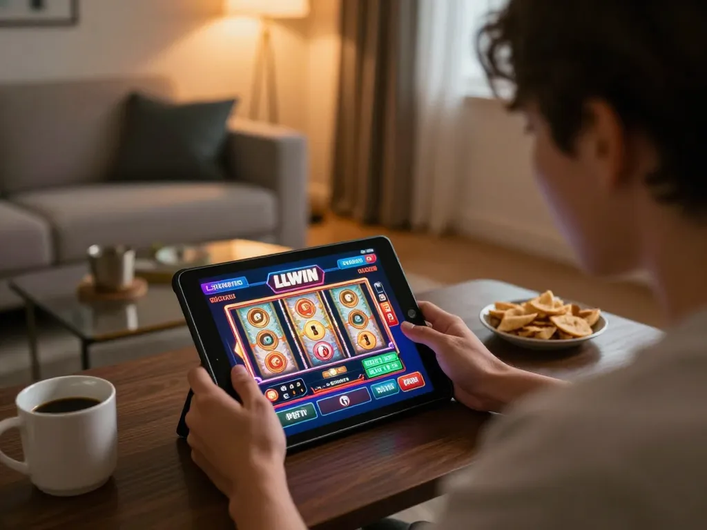 Player engaging with LLWIN casino app on tablet, enjoying a vibrant home gaming experience