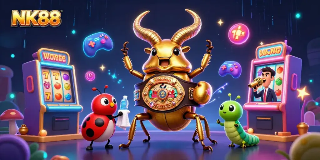 Engage with NK88's colorful casino landscape featuring vibrant characters and dynamic gaming elements.