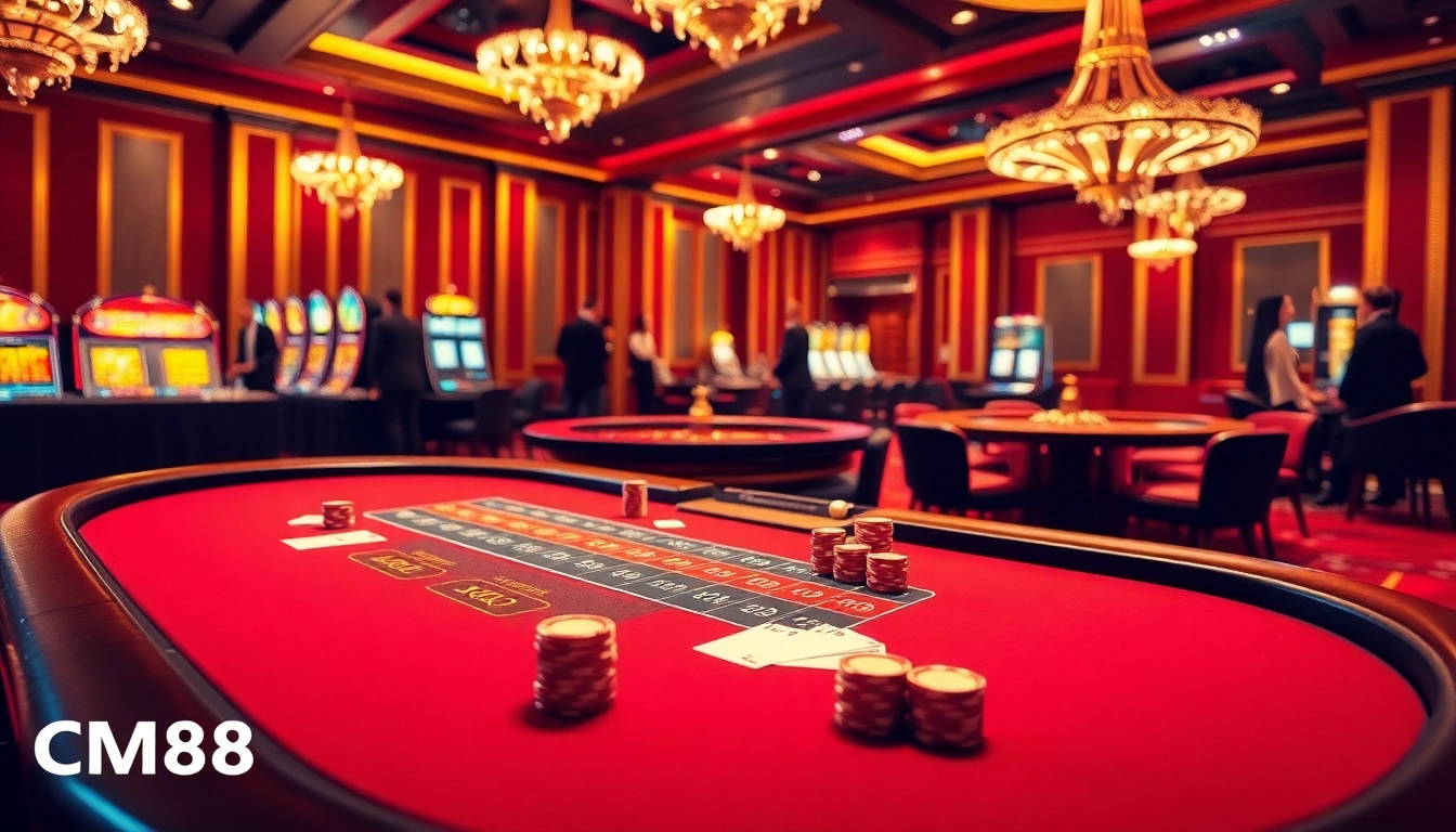 The CM88 gambling scene showcases vibrant casino excitement with blackjack tables and roulette wheels, embodying thrilling gameplay.