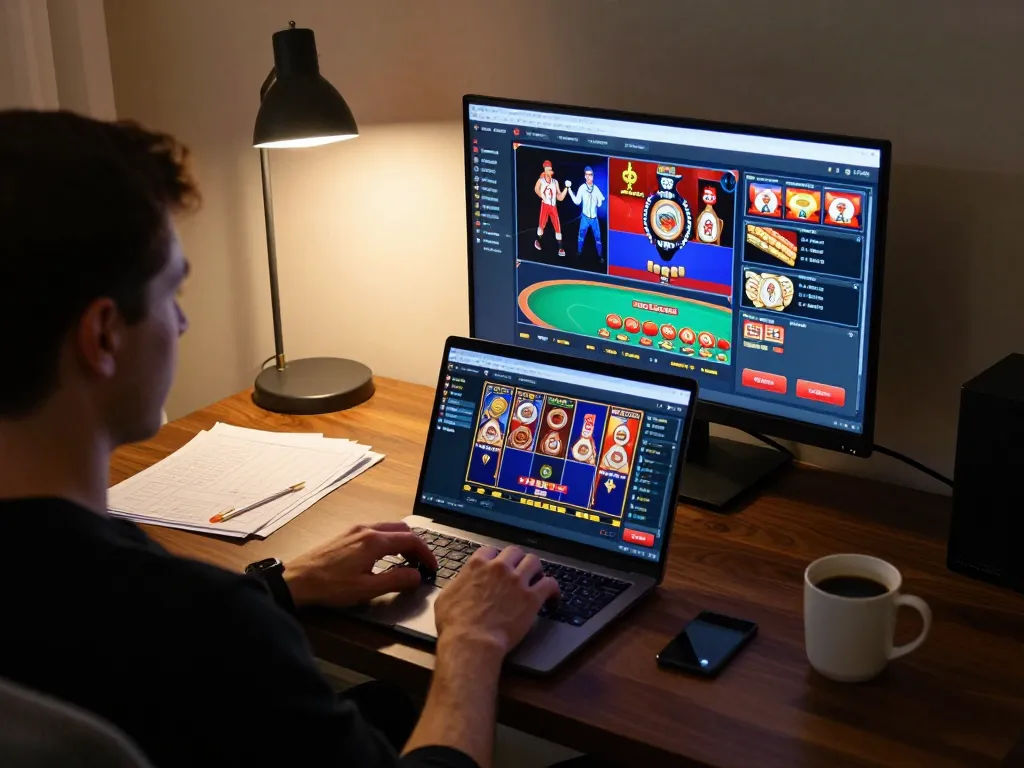 Engaged user playing at 88clb online casino, showcasing vibrant gaming interface and strategy notes