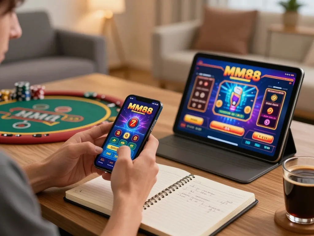 Engaging online gaming experience with MM88, user immersed in casino games on smartphone.