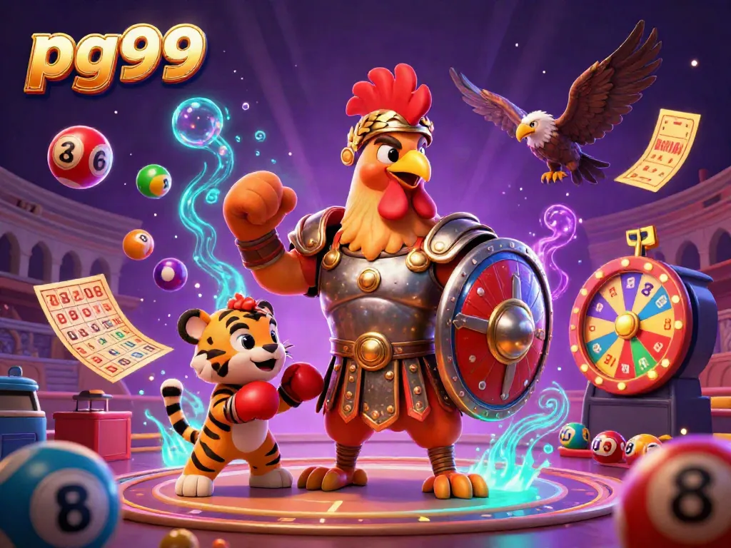 Engaging casino scene with pg99 characters featuring a rooster and tiger in a vibrant gambling arena.