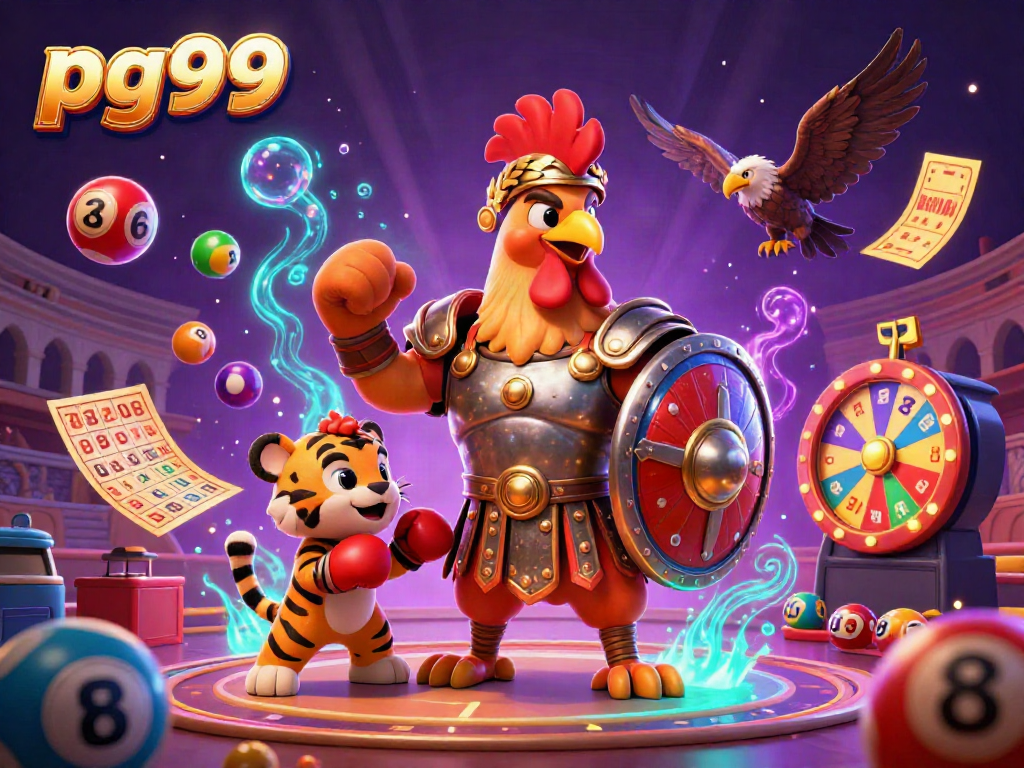 Engaging casino scene with pg99 characters featuring a rooster and tiger in a vibrant gambling arena.