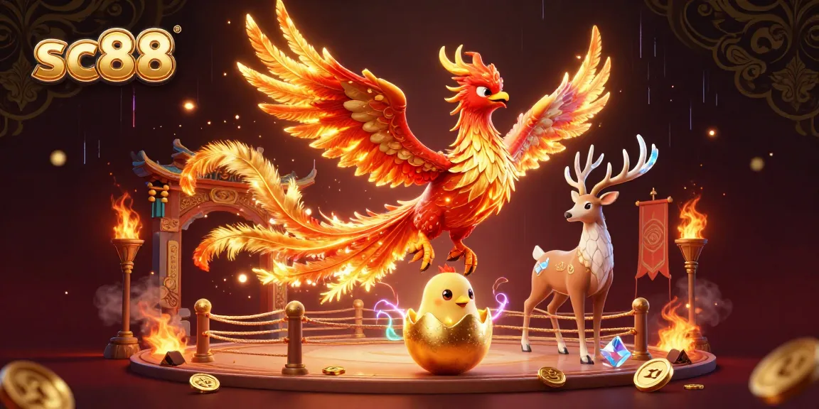 Experience thrilling moments with the sc88 phoenix soaring amidst golden coins and betting tokens in a dynamic casino scene.