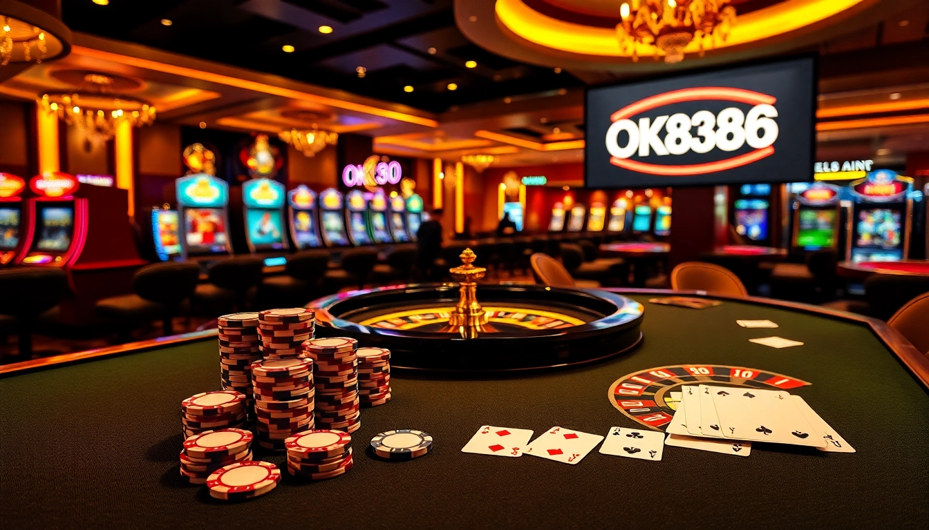 Experience the excitement of OK8386 with luxurious casino visuals featuring poker chips and roulette.