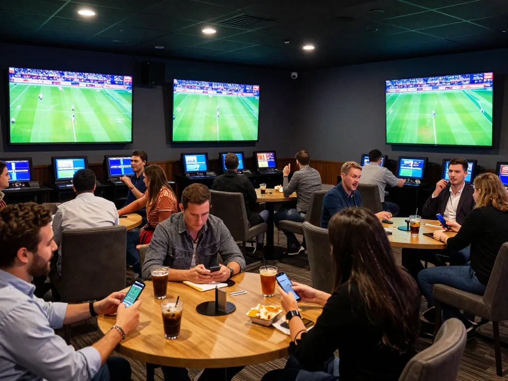 Bongdalu sports fans placing bets in a vibrant sports lounge with live matches.